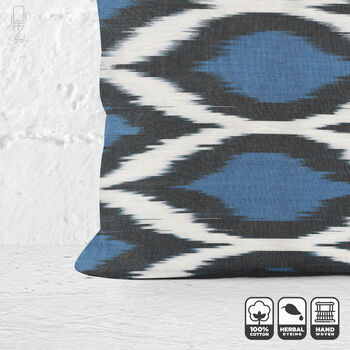 Bohemian Blue And Black 100% Cotton Ikat Cushion Cover, 5 of 5