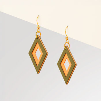 Khaki And Orange Diamond Shaped Layered Earrings • Gold Plated Sterling Silver Hooks, 5 of 8
