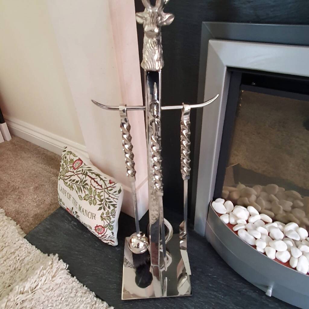 Chrome Fireside Companion Five Piece Stag Design Fireplace Set, 1 of 9