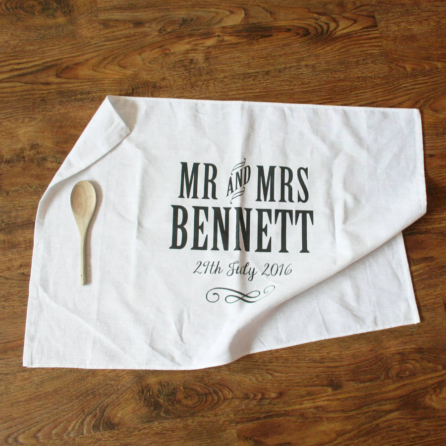 personalised mr and mrs anniversary tea towel cotton by personalised