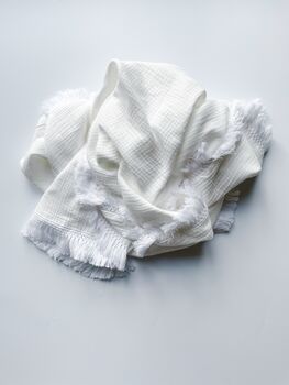 White 100% Cotton Extra Large Tassel Fringed Blanket, 2 of 4