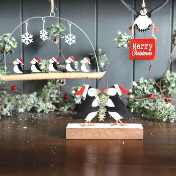 Five Christmas Puffins In Santa Hats Hanging Decoration, 2 of 2