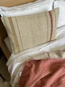 Oblong, Natural, Hemp, Neutral, Woven, Grain Sack, Striped Cushion With Cotton Reverse Red And Ochre Stripe, 3 of 5