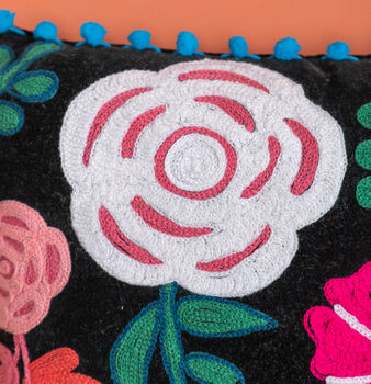 Black Floral Embroidered Cotton Velvet Cushion, 5 of 8