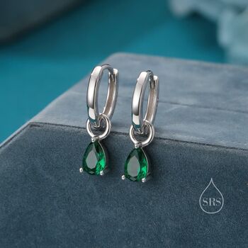 Sterling Silver Emerald Green Cz Droplet Hoop Earrings, 2 of 12