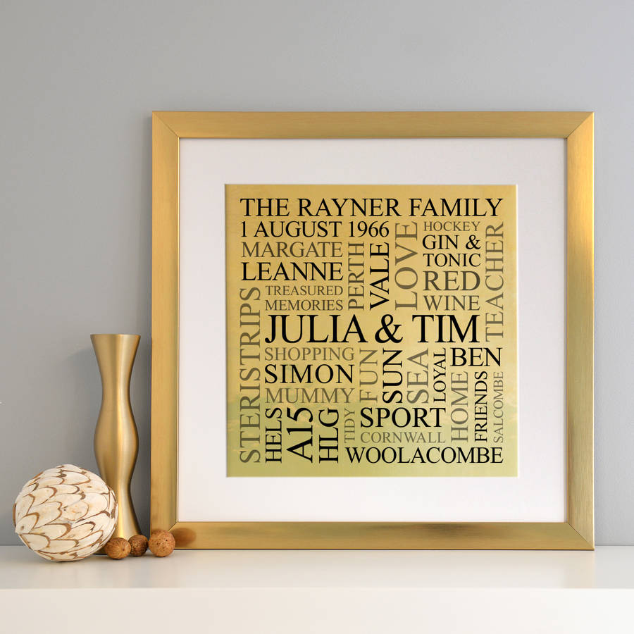 personalised framed memories gold metallic word art by cherry pete