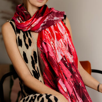 Abstract Brush Stroke Scarf In Berry Pink And Silver Shimmer, 3 of 8