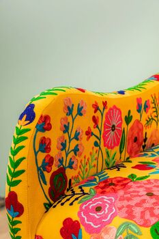 Yellow Floral Embroidered Velvet Wooden Armchair, 3 of 7