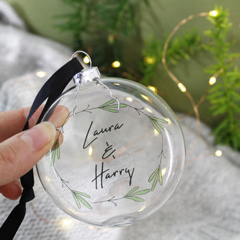 Couples Personalised Scandi Wreath Glass Bauble, 3 of 4