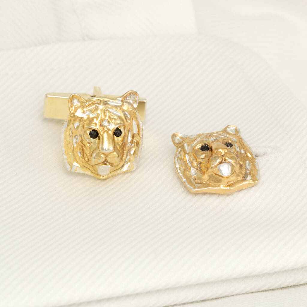 Tiger Cufflinks In Solid Silver And 18ct Gold By Simon Kemp Jewellers