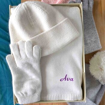 Personalised Cashmere Wool Scarf, Hat And Gloves Gift Set, 2 of 8