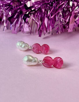 Double Disc Pink Pearl Drop Stud Earrings, 3 of 3