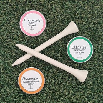 Set Of Three Personalised Golf Ball Markers In A Personalised Tin, 2 of 7