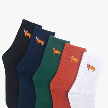 Men's Christmas Highland Cow Embroidered Cotton Socks Five Pack, 3 of 8