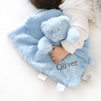 Personalised Fluffy Blue Teddy Baby Comforter, 2 of 4