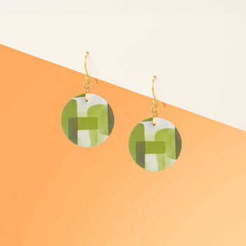 Olive Green Abstract Circular Earrings • Gold Plated Sterling Silver Hooks, 3 of 8
