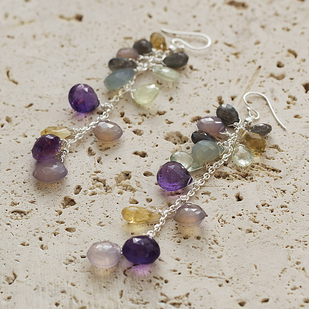 Silver Multi Gemstone Statement Drop Earrings By Embers