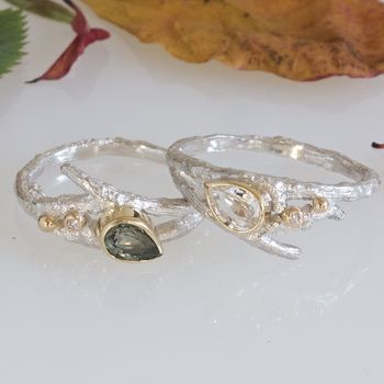White Sapphire And Diamond Elvish Twig Engagement Ring, 6 of 8