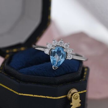 Genuine Pear Cut Swiss Blue Topaz Crown Ring, 9 of 12