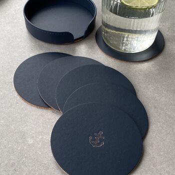 Set Of Six Recycled Leather Anchor Coasters And Holder, 3 of 5