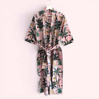 Jungle Print 100% Cotton Dressing Gown In Pale Pink, 3 of 7