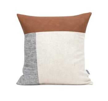 Geometric Pillowcase Navy Linen And Tan Faux Leather, 5 of 9