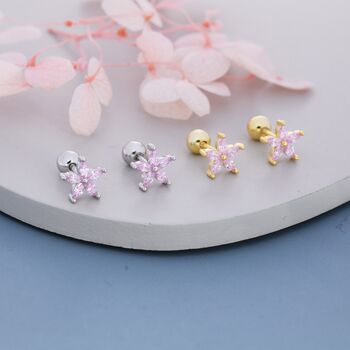 Tourmaline Pink Cz Flower Barbell Earrings, 2 of 9
