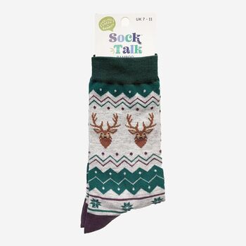 Men's Bamboo Socks Stag Fair Isle Grey, 5 of 5