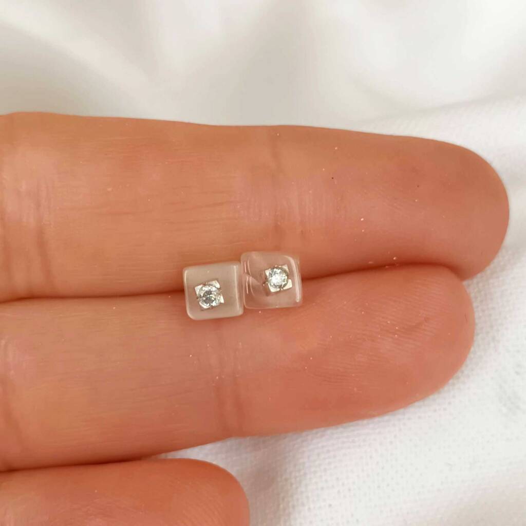 Moonstone Square Diamond Stud Earrings, 1 of 4