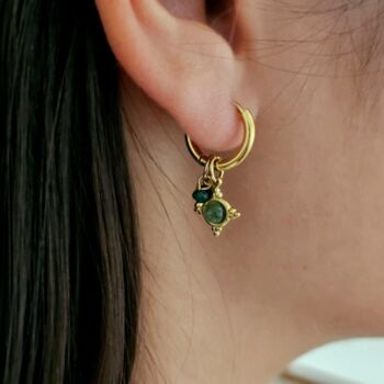 Green Gem Removable Bead Charms Gold Hoop Earrings, 2 of 8