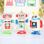 Three Wind Up Wooden Robots And Personalised Bag, thumbnail 2 of 6