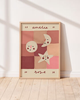 Personalised Illustrated Name Print With Moons And Stars And Patchwork, 5 of 11