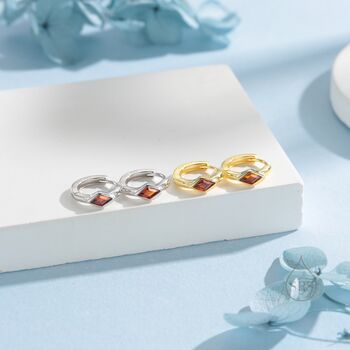 Tiny Rhombus Garnet Red Cz Huggie Hoop In Sterling Silver, 4 of 12