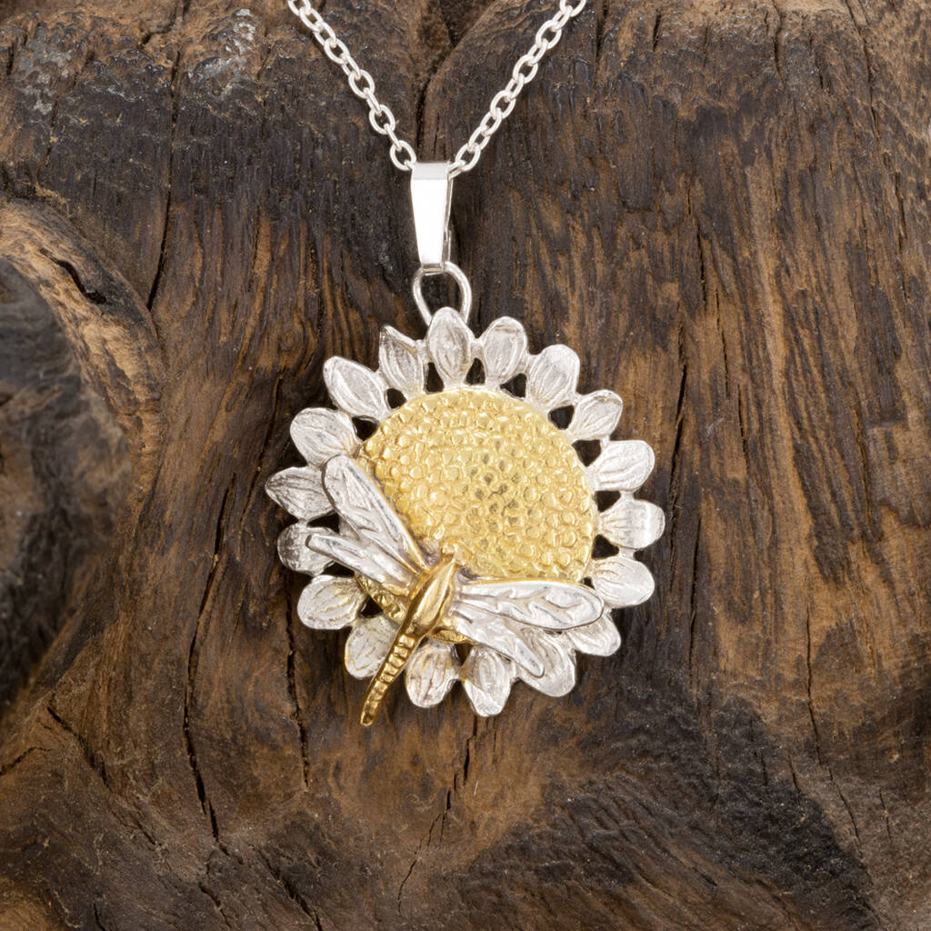 Sunflower And Dragonfly Pendant/Necklace By Simon Kemp Jewellers
