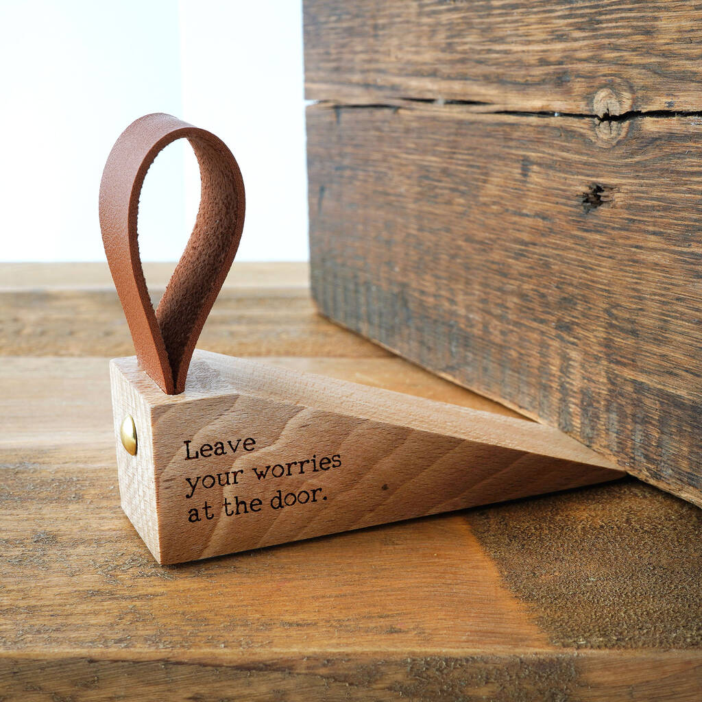Wooden Door Stop | 'Leave Your Worries At The Door' | Home Accessory With Loop | Home Decor | New Home Gift, 1 of 2