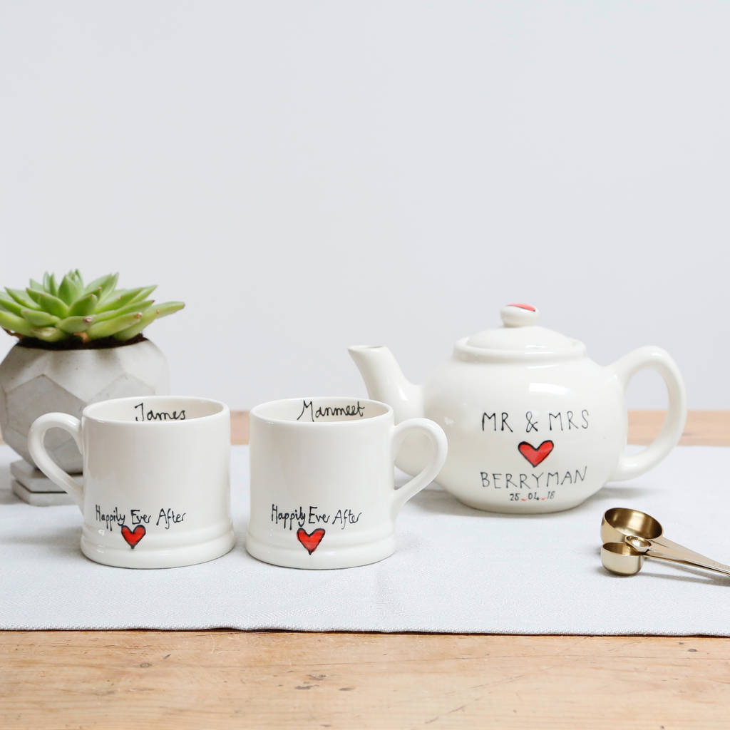 Personalised Wedding Teapot And Mugs Set By White Rain Designs