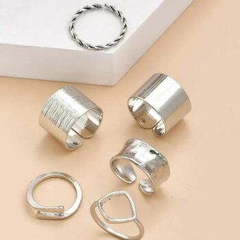 Six Piece Adjustable Wide Band Silver Plated Cuff Ring, 3 of 5