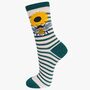 Women's Bamboo Socks Green Cream Stripe Bee Sunflower, thumbnail 1 of 2