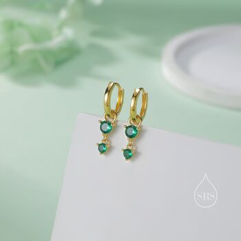 Double Emerald Green Cz Huggie Hoop Earrings, 4 of 11