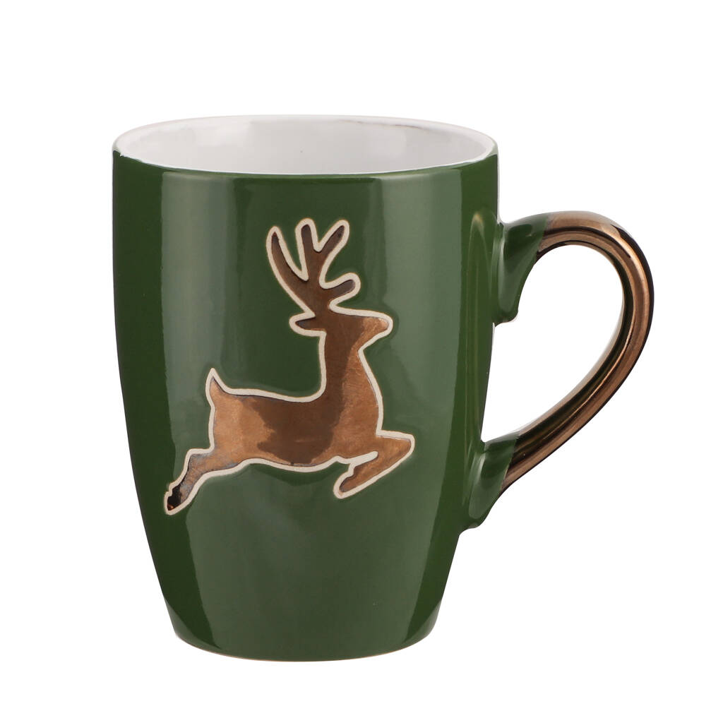 Set Of Four Forest Green Reindeer Mugs By Dibor