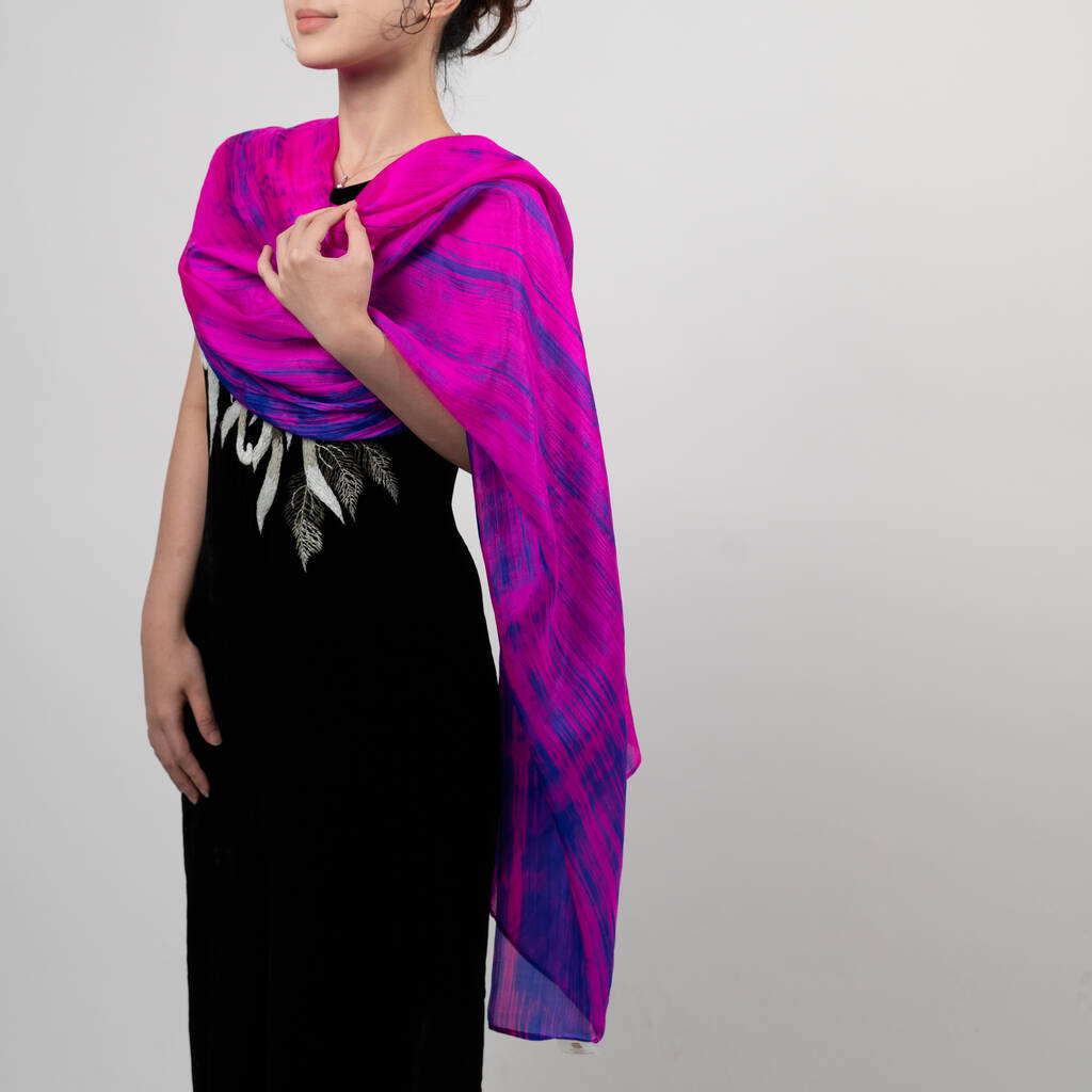 100% Mulberry Silk Scarf, Fuchsia Purple And Blue In Gift Box, 1 of 7
