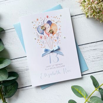 Personalised 13th Birthday Card, Blue Balloon Design, 3 of 5