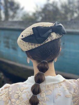 Straw Beret Occasion Hat With Black Bow 'Penelope', 3 of 10