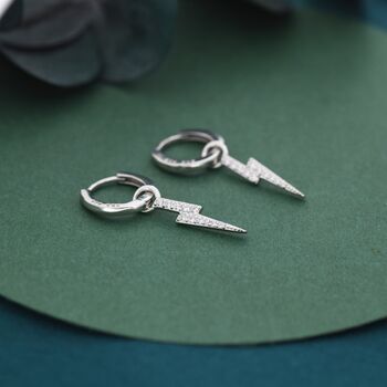 Sterling Silver Lightning Bolt Charm Huggie Hoop Earrings, 7 of 11
