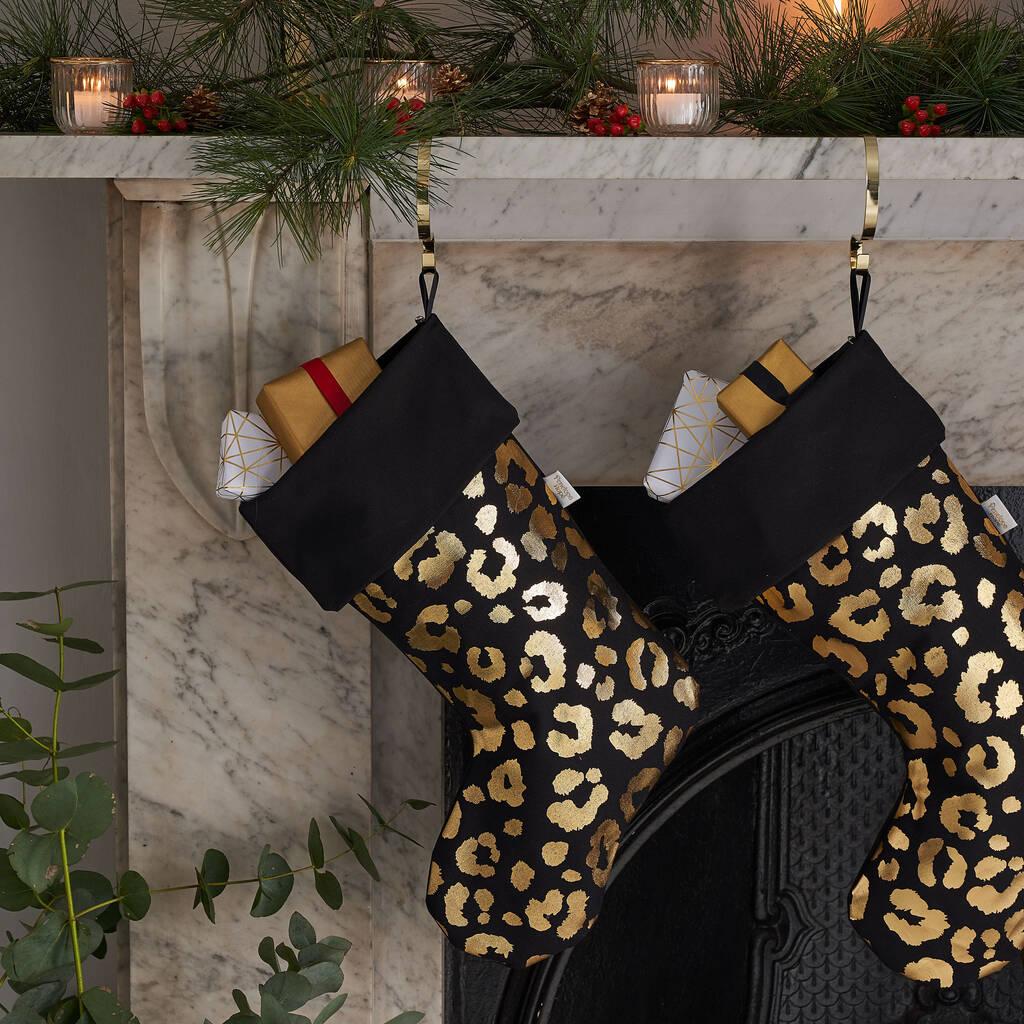 Gold Leopard Print Christmas Stocking In Black By Penelope Hope