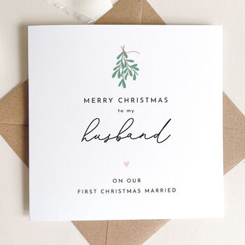 Husband First Married Christmas Card: Mistletoe And Pink Heart Design, 2 of 6