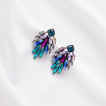 Peacock Colour Crystal Leaf Drop Earrings, 3 of 5