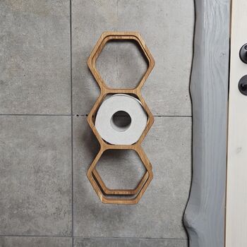 Handcrafted Oak Wood Honeycomb Toilet Paper Rack, 3 of 8