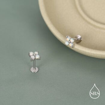 Sterling Silver Opal Clover Cluster 16 G Internally Threaded Flat Back Earrings, 6 of 11