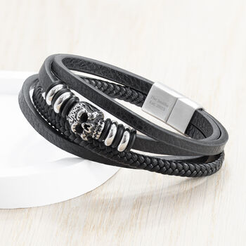 Personalised Men's Stacked Leather Skull Bracelet, 6 of 10